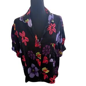 Vintage Chicos Womens Floral Rayon Button Down Shirt Short Sleeve Black Size 1